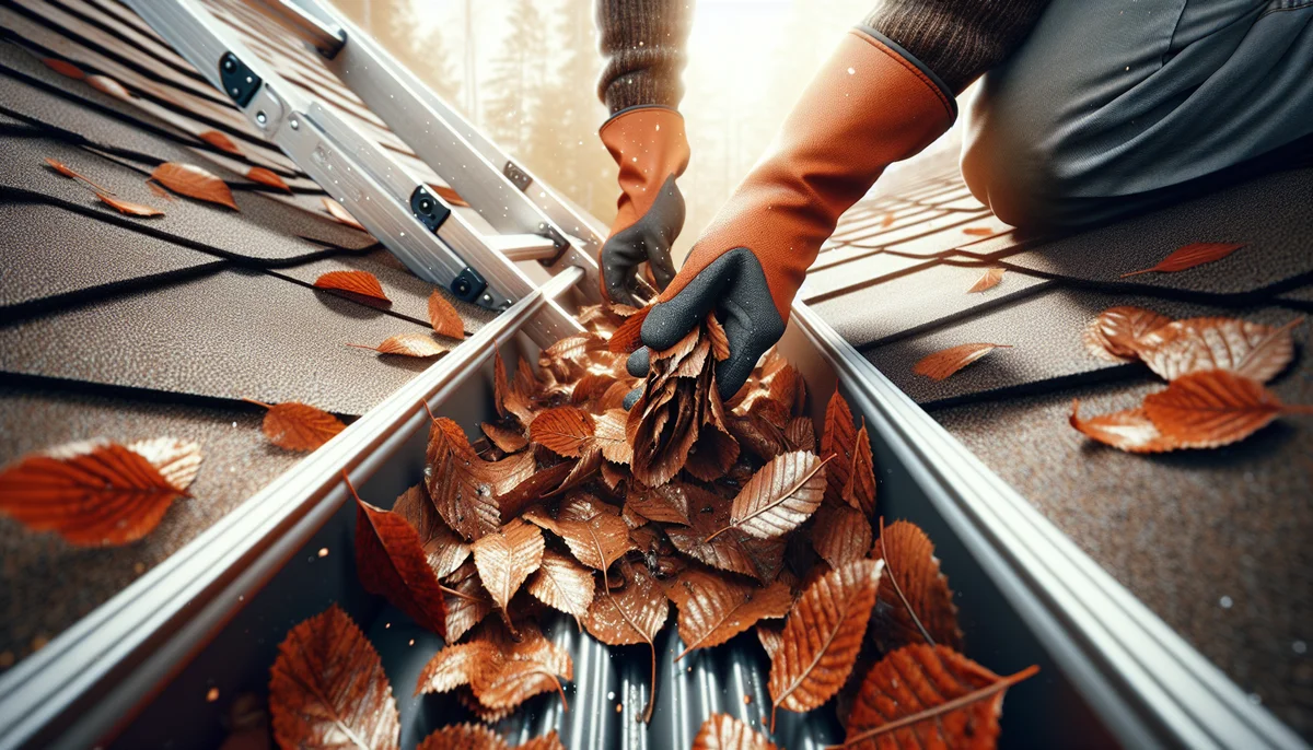 Close-up of gloved hands removing dry leaves from a house roof gutter filled with autumn leaves, with a ladder and roof edge visible