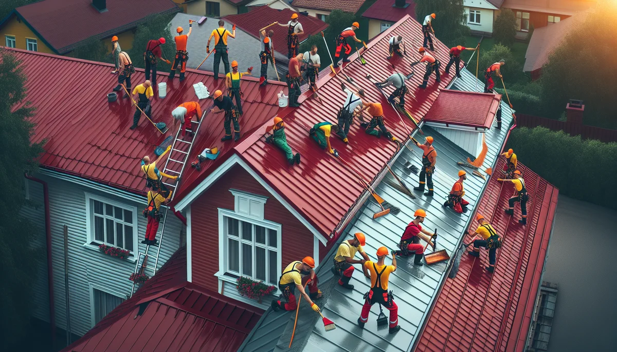 Roof maintenance workers cleaning a red metal sheet roof and gutters on a house, summer in Finland