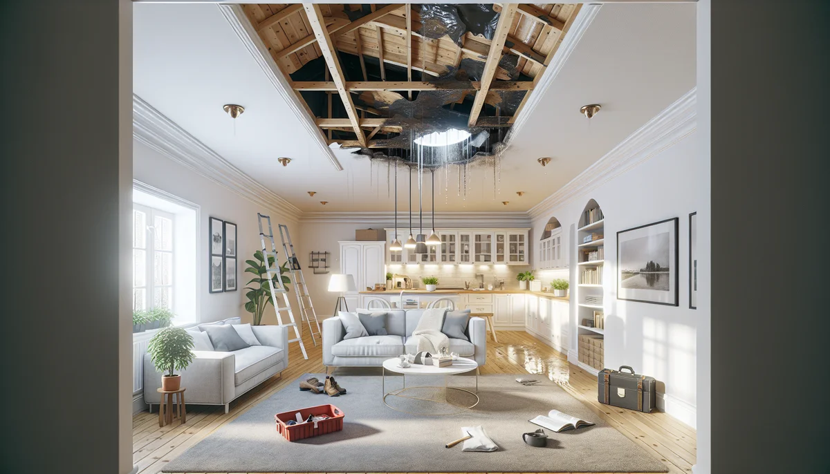 A Finnish home interior ceiling with a visible water leak damage, roof leaking water, illustrating a roof leak problem