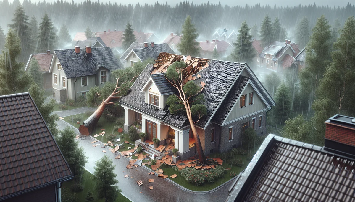 A suburban Finnish house with roof damage after a storm, fallen tree on roof or missing roof tiles, stormy weather