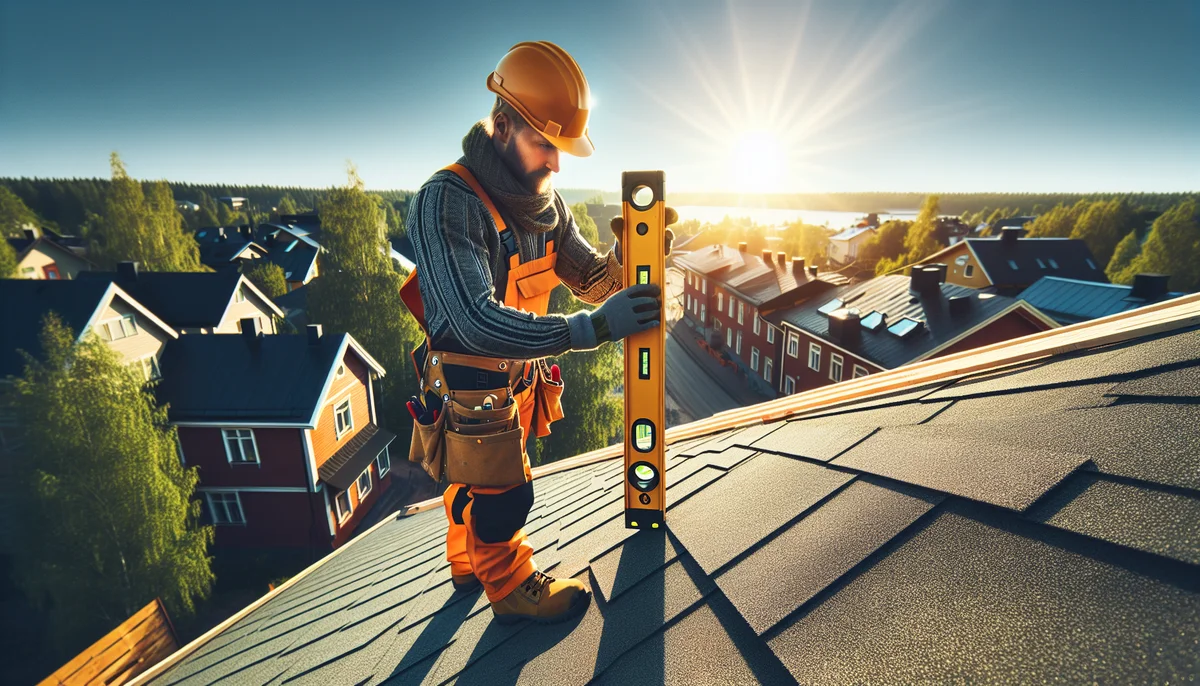 Roofer on a house roof in Finland using a digital angle level tool to measure the steep roof pitch, clear sunny day