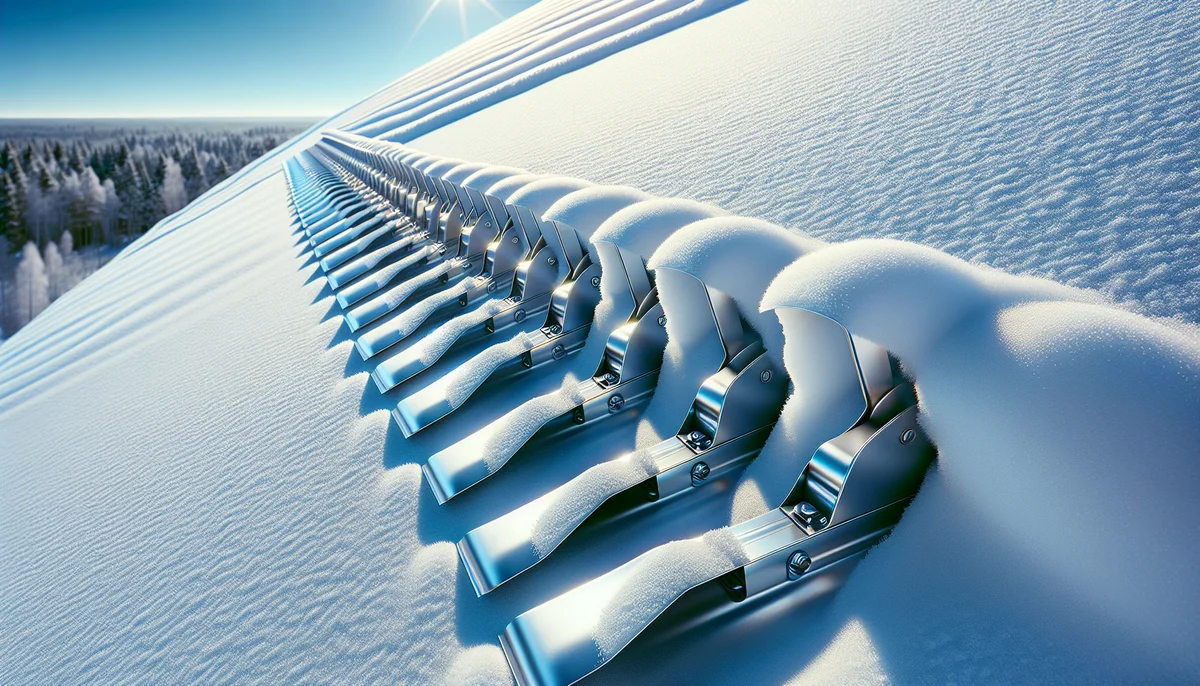 Close-up of snow guards (lumiesteet) on a sloped roof holding back a thick layer of snow, with a clear winter sky.