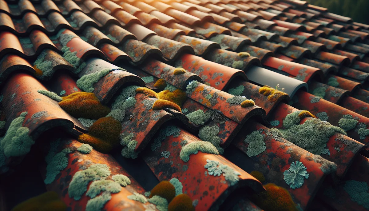 Close-up of old red clay roof tiles heavily covered in green moss and lichen
