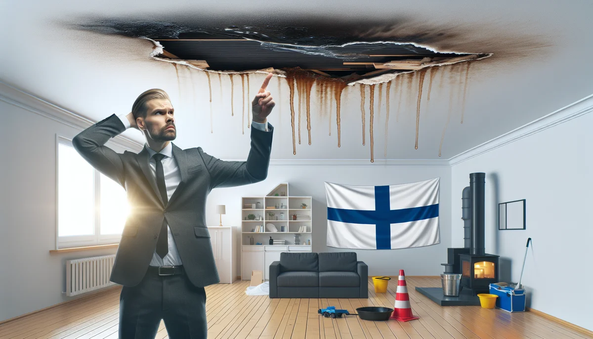 An indoor ceiling with a large brown water stain from a roof leak, a concerned homeowner pointing at the damage